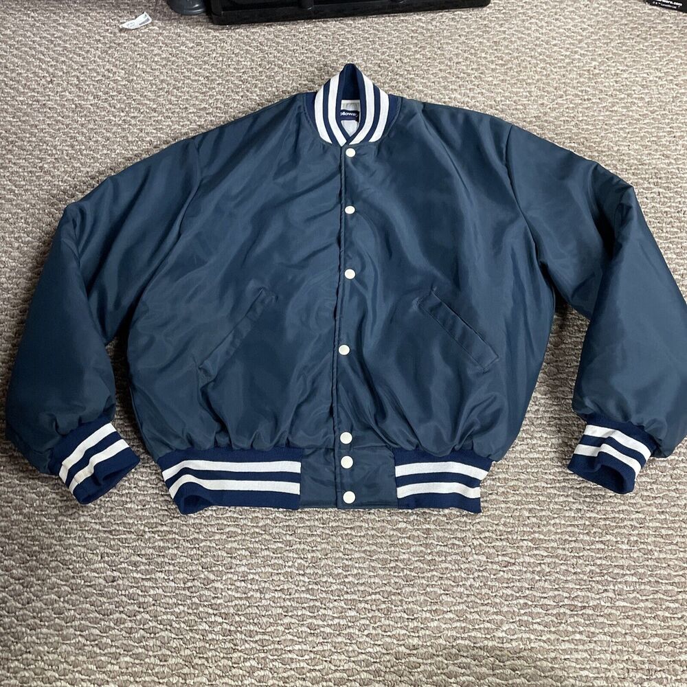 Mens Holloway Navy Blue Nylon Varsity Jacket Size XL button Up
